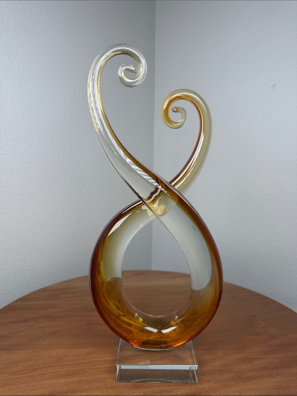 Vintage Murano Style Amber Clear Art Glass Abstract Sculpture Love Knot Looped
